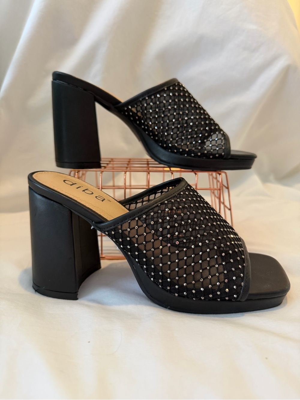 Diba Black Mesh Rhinestone Block Heel Mules